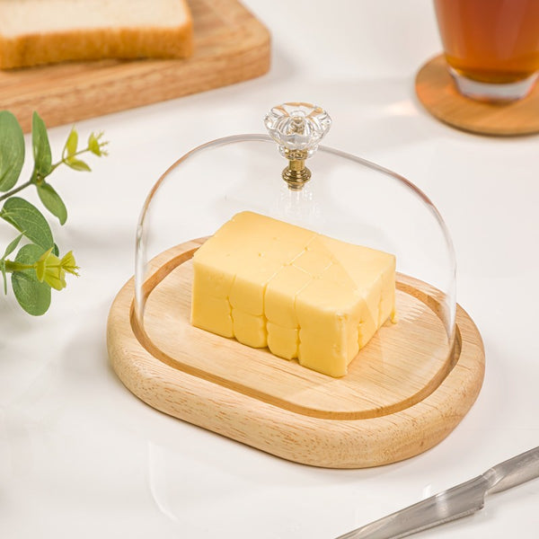 Multifunctional Rectangular Bamboo Butter/Cheese Serving Box With Clear Lid