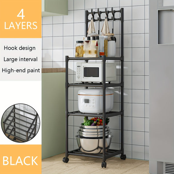 4-Layer Kitchen Household Storage Rack With Pulleys & Hooks