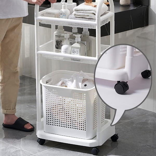 2-Tier Laundry Basket Organizer Trolley Plastic Cart Shelf Rack with Laundry Storage Basket Perfect for Kitchen Bathroom Laundry