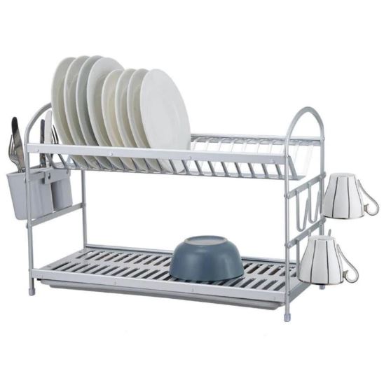 2 Tier Aluminum Kitchen Dish Drying Drain Rack Space Saving Utensils Holder