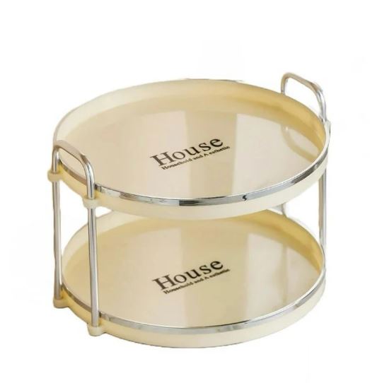 2 Tier Round Serving Tray with Handle (Beige)