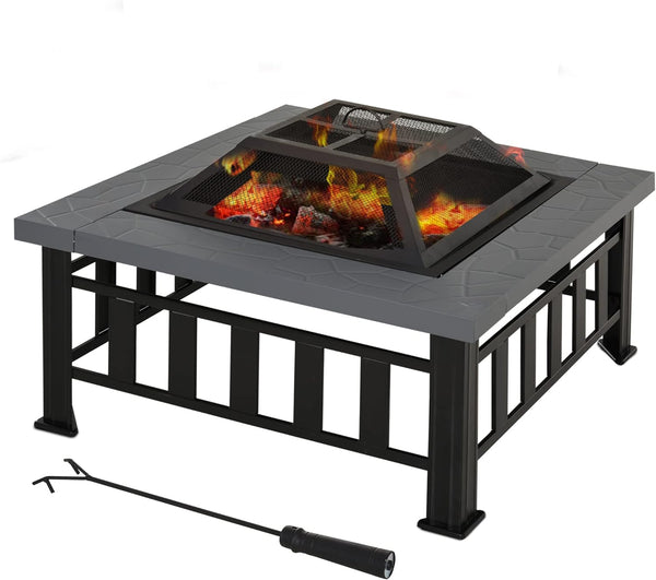 Outsunny 34' Outdoor Fire Pit Square Steel Wood Burning Firepit Bowl With Spark Screen, Waterproof Cover for Backyard, Camping, BBQ, Bonfire