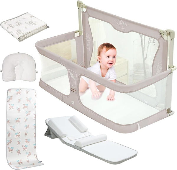 3 In 1 Baby Bed Sofa Bed With Mattress, Cool Summer Mat, Changing Cot, Shape Cushion, Breathable And Visible Mesh Window, Sturdy Aluminum Alloy, Bed Bracket For Baby Co-Sleeping