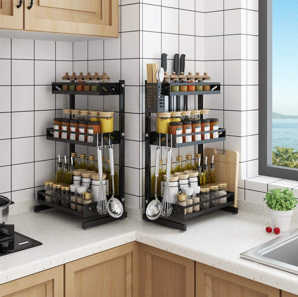 3 Tier Metal Countertop Kitchen Spice Rack Standing Corner Shelf Removable Seasoning Organizer Jars Bottle Storage Knife Utensils Holder with 3 Hooks, Black