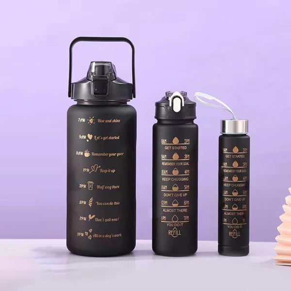 3 In 1 Black Themed Motivational Water Bottles With Time Marker