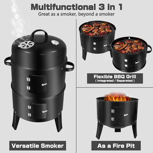 3 In 1 Vertical Charcoal Smoker, 16 inches Separable BBQ Smoker Grill Combo With Built-In Thermometer & Easy TEMP Adjustable Vent For Outdoor Cooking