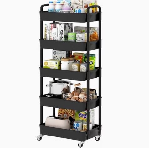 5-Tier Plastic Rolling Utility Cart with Handle, Multi-Functional Storage Trolley for Office, Living Room, Kitchen