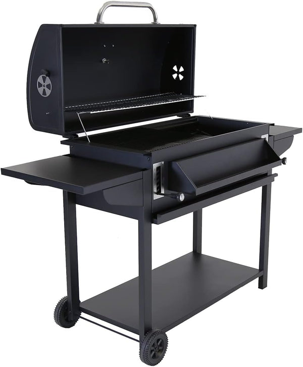 Deluxe American Charcoal BBQ Grill With Thermometer, Side Stands, Bottles Rack, Bottom Shelf