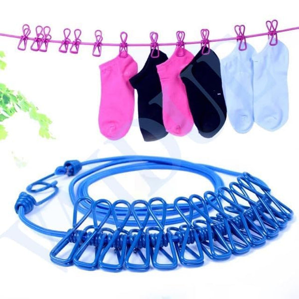 Stretchable Clothes line with 12 Clips Drying Clothesline Hanger Steel Rope