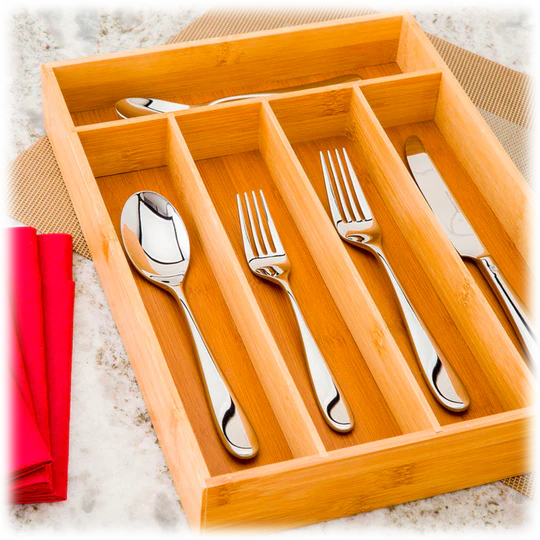5 Compartment Bamboo Cutlery Tray, Kitchen Drawer Utensils Holder, Wooden Knife Fork Spoon Organizer Case