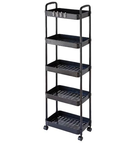 5 Tier Rolling Cart with Wheels and Handle Rolling Storage Cart for Office, Living Room, Laundry Room, Kitchen, Bathroom (Black)