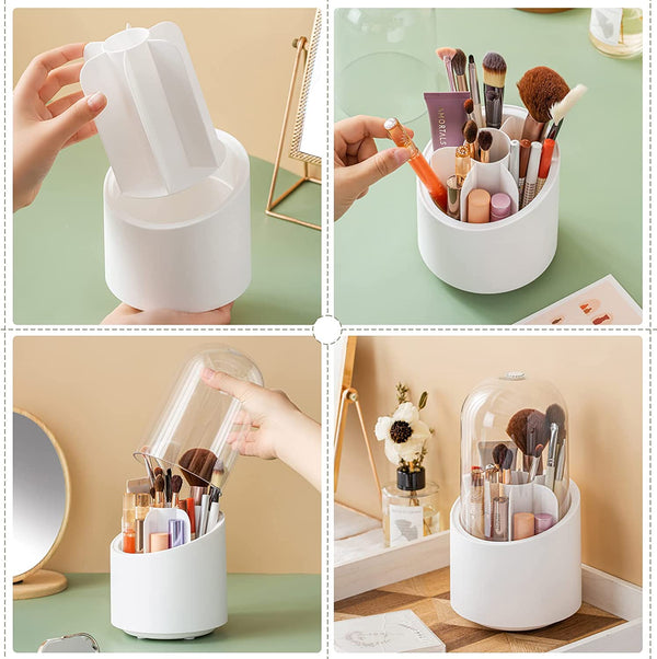 Makeup Brush Holder With Lid, Rotatable Clear Acrylic Makeup Brush Organizer Cup