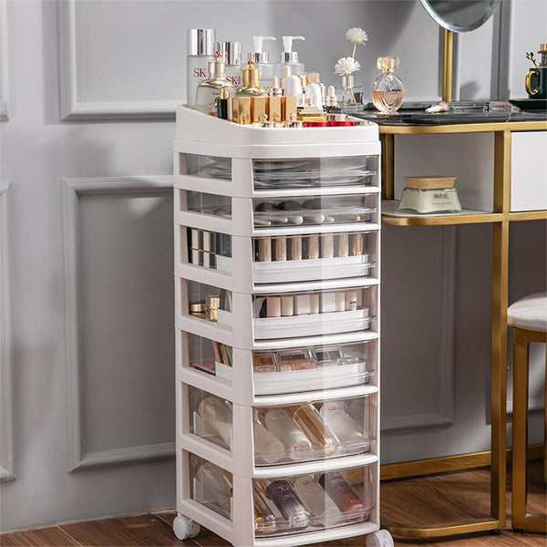 Cosmetic Organizer Cart with Handle and Lockable Wheels, Multifunctional Acrylic Storage Shelves Rolling Utility Cart