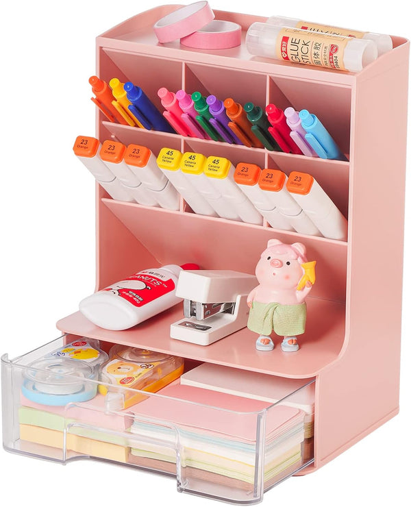 Desk Pencil Pen Holder, Slant Pen Organizer With Drawer, Desktop Storage Stationery Supplies Organizer For School Office