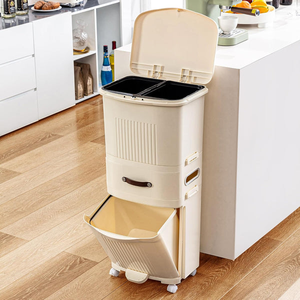 Double-Layer Vertical Trash Bin with Removable Inner Bucket Drawer & Tissue Holder