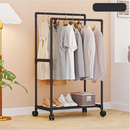 1Pc Double Pole Clothes Drying Rack With Wheels, Shoe Rack, Multi-Functional Clothes Hat Storage Rack