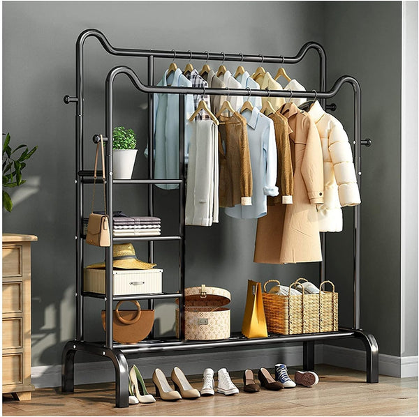 Double Pole Clothing Rack Freestanding Coat Hanger, Clothes Hanging Rails with Lower Storage Shelf