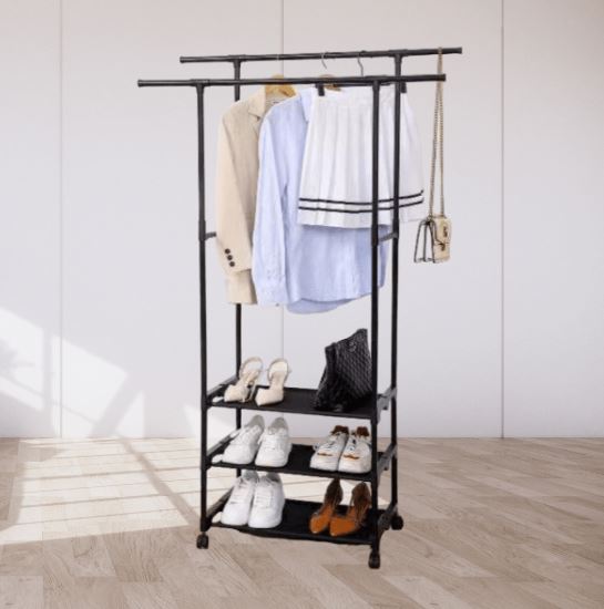 Double Pole Shoe & Cloth Rack With Bottom 3 Layer Storage, Multifunction Cloth Rack