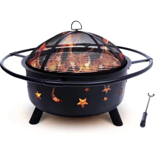 Round Bonfire Wood Burning Patio & Backyard Firepit for Cooking BBQ Grill