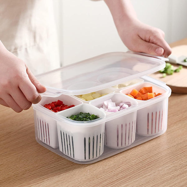 Fridge Food Storage Container With Lid, Airtight Refrigerator Food Box With 6 Pcs Detachable Drain Basket