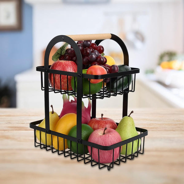 Fruit Storage Basket 2-Tier Kitchen Countertop Storage Rack With Wooden Handle (Black)