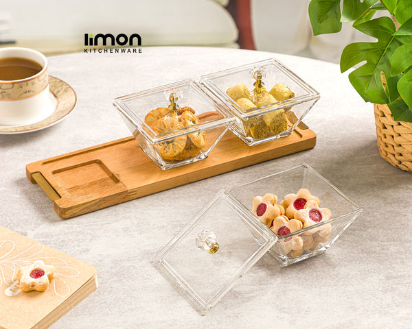 Glass Serving Dishes With Acrylic Lid And Wooden Serving Tray