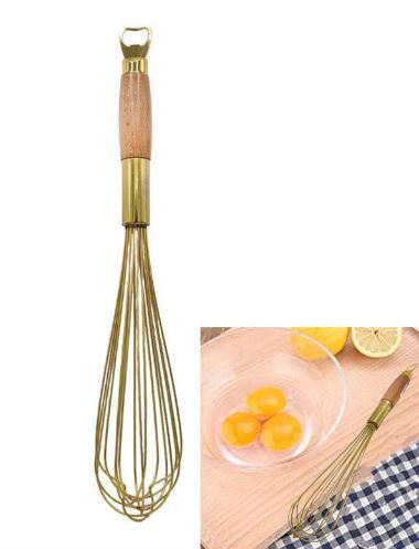 Stainless Steel Golden Colored Hand Whisk With Wooden Handle