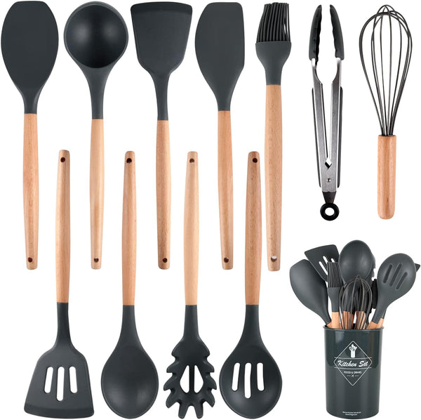 12 Pcs Non - Stick Heat Resistant Kitchen Utensils Spatula Set With Wooden Handle And Storage Cup