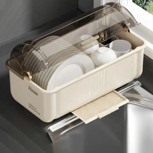 Kitchen Dish Rack with Cover, Countertop Drainer Organizer for Dishes and Utensils Holder with Water Tray