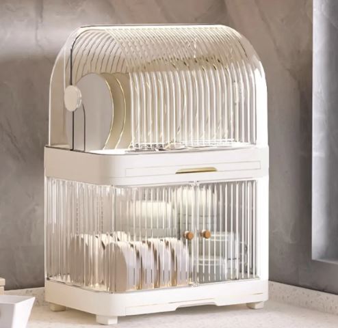 Kitchen Plate Rack With Lid Dish Tableware Storage Draining Box Cupboard