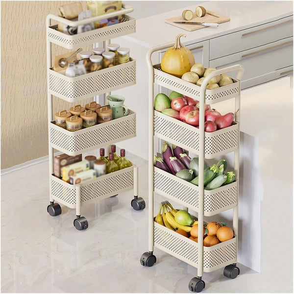 Kitchen Storage Cart with Wheels, 4-Tier Metal Utility Rolling Cart, Fruit Vegetable Storage Basket Pantry Rack with Handle