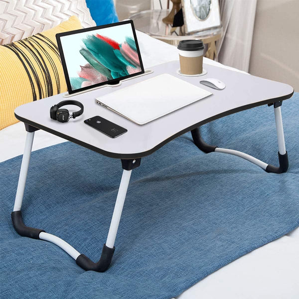 Laptop Bed Table With Foldable Metal Legs, Tablet & Cup Holder - Fits Upto 17" Portable Bed Desk For Laptop, Eating And Writing