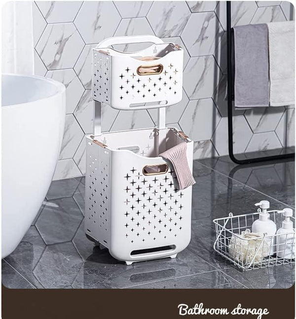 Laundry Baskets on Wheels, Laundry Trolley, Laundry Collector with 2 Layers, 2 Storage Baskets, Laundry Sorter for Bedroom