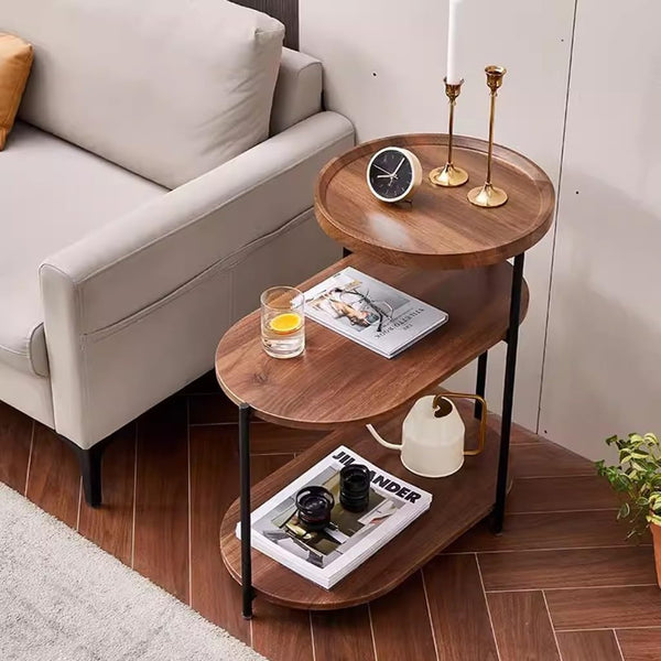 Modern Wooden Side Table 3-Tier Storage Shelf Walnut Color For Living Room Bedroom