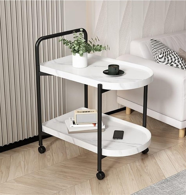 Movable 2-Tier Coffee Table with Wheels, Small Nordic Style Trolley for Living Room, Bedroom (White)