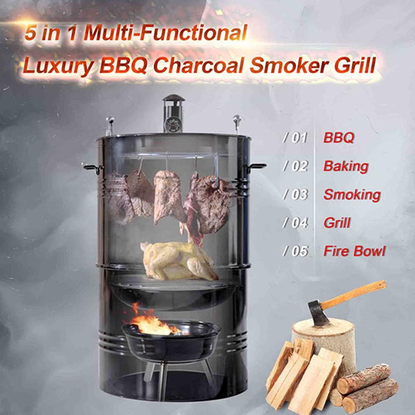 CMI Vertical Charcoal Smoker Grill 18 Inch, Heavy Duty Round BBQ Grill Multi-Function Barrel Grill For Outdoor Cooking, Black