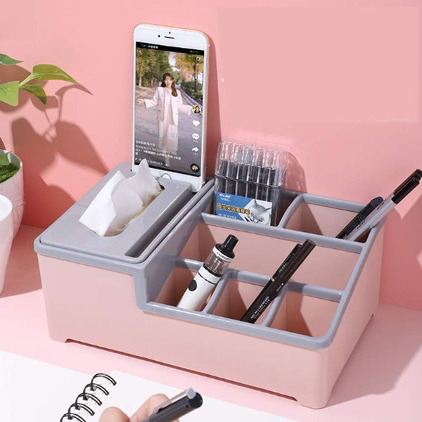 Desktop Plastic Napkin Holder, Multifunctional Tissue Box Phone Holder Stand, Wipes Case Desk Organizer