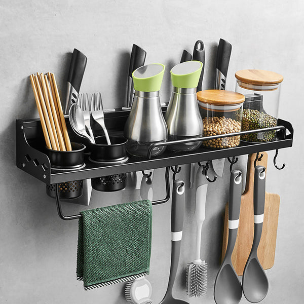 Multifunctional Wall Mounted Kitchen Racks For Cooking Utensil Tools Knife Dinnerware Pantry Storage Cutlery Holder (Black)