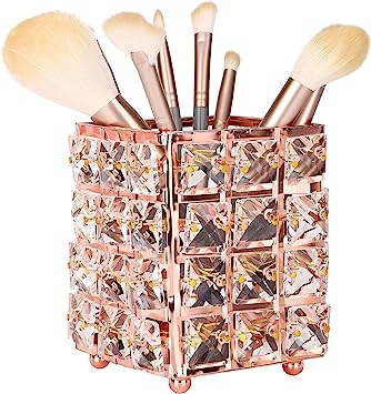 Crystal Makeup Brush Holder, Cosmetic Organizer For Makeup Brushes, Rectangle, Rose Gold