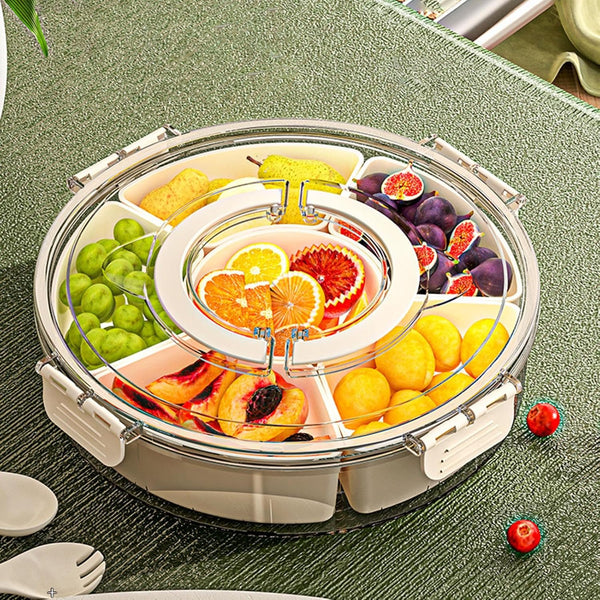 Rotating Snack Organizer Tray with Lid and Handle, Large Multi-Compartment Plastic Food Platter, Portable Snack Tray