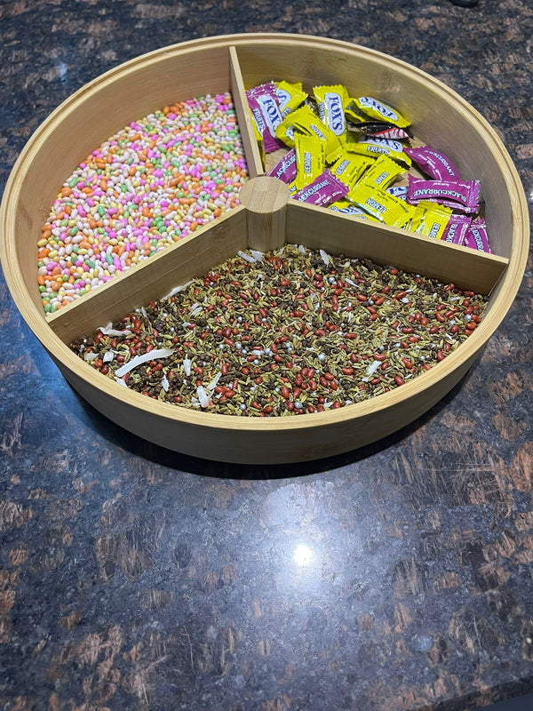 Rotating Bamboo Dry Fruit Snacks Tray With Lid 3 Portions