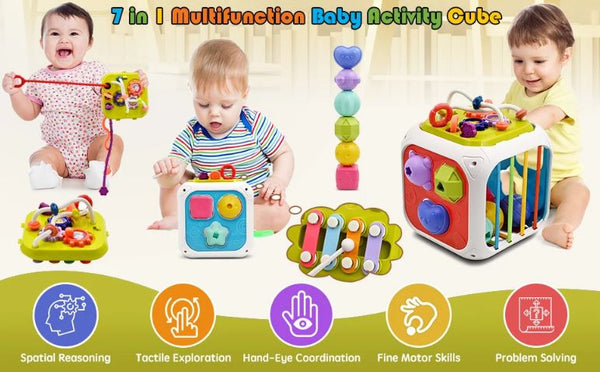 7 in 1 Multifunction Baby Activity Cube, Montessori Sensory Shape Sorter Educational Toys for Kids 1, 2, 3 Years