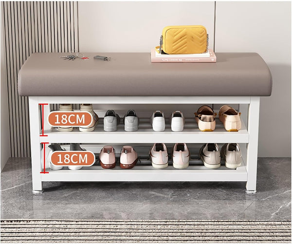 Shoe Bench Organizer with Cushion - 2 Tier Steel Shoe Rack Storage Bench