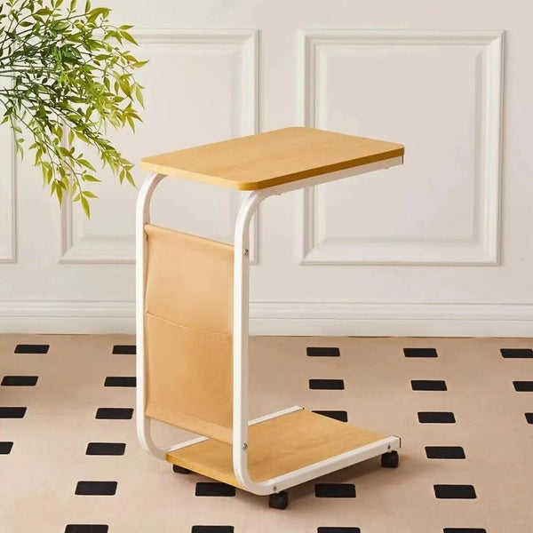 Portable Side Table End Table With Storage Pocket And Rolling Wheels
