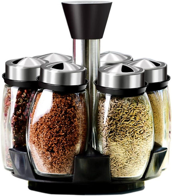 Spice Rack With 6 Glass Spice Holders Jar, Revolving Spice Rack Kitchen Cabinet And Worktop