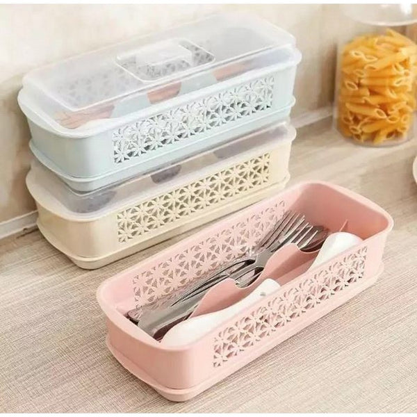 Double Layer Spoon Fork Chopsticks Storage Cover Box With Drainer - Spoon Knife Fork Box With Lid Draining Tray