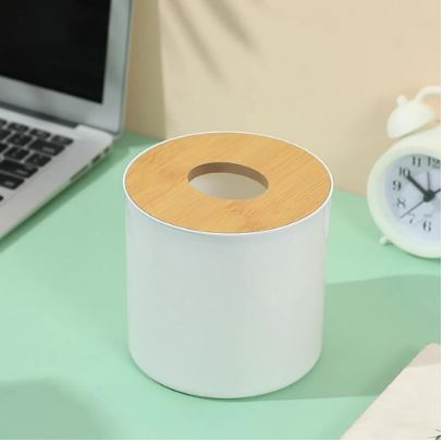 Wooden Cover Plastic Tissue Holder, Anti-Slid Base Wide Opening Tissue Organizer Box (White Color)