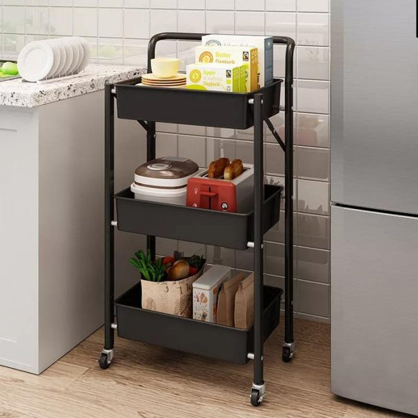 3 Layer Portable Folding Kitchen Bathroom Storage Rack - Folding Utility Rolling Cart Metal (Black)