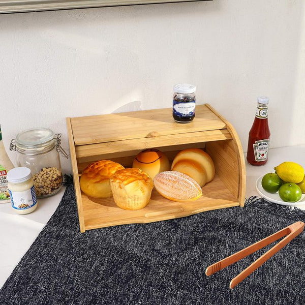 Large Bread Box Bread Basket Kitchen Counter Organizer - Roll Top Bread Box - Bread Box For Kitchen Countertop - Bamboo Wooden Boxes (Natural)