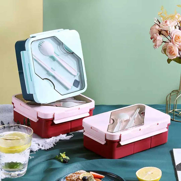 Lunch Box 3 Compartment With Utensils Eco-Friendly Leakproof Microwave Safe